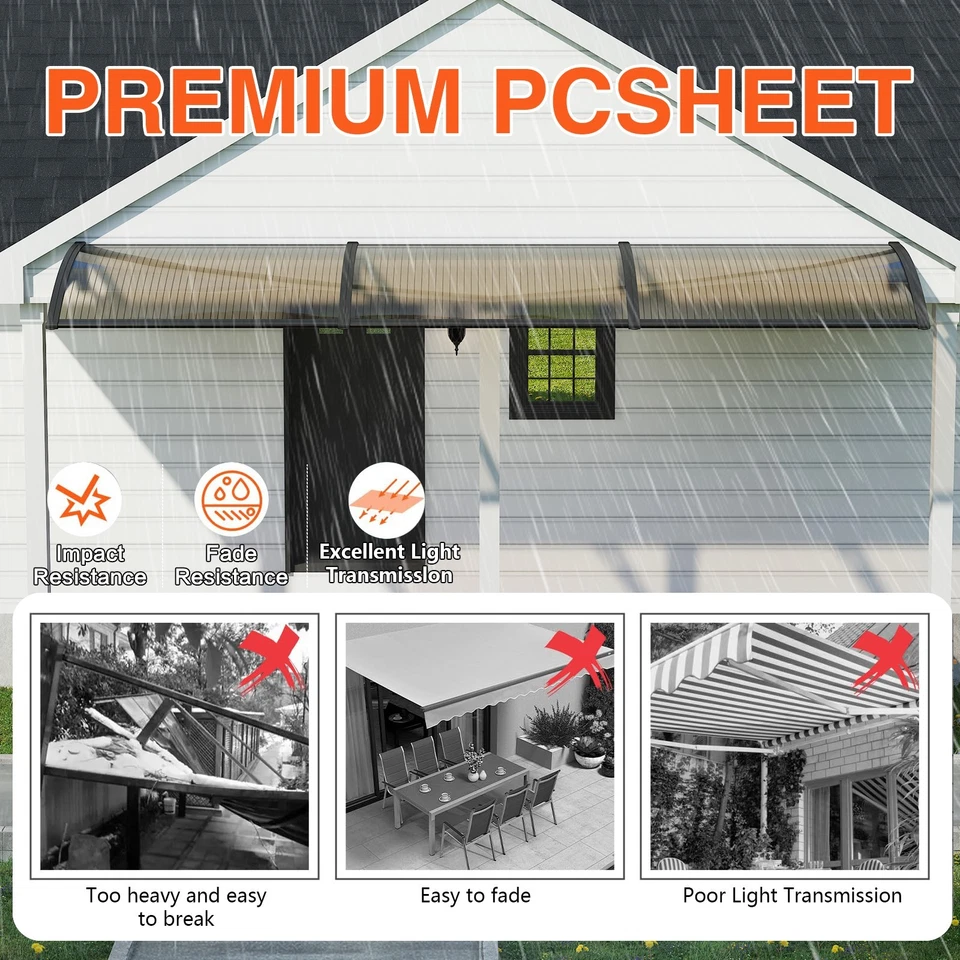 30-160" Window Awning Front Door Eaves Canopy Polycarbonate Roof Sun Shade Cover - Image 4 of 4