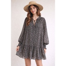 MNG Black Ditsy Floral Ruffle Mini Dress Sz 10 Boho Romantic Cottage Oversized