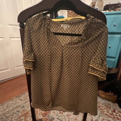 Max Studio Women's S Gold Geometric Chiffon Ruffle Sleeve Pullover Blouse