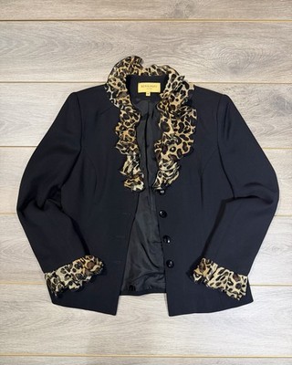 BERGAMO by EBI Blazer Jacket Women s Size 12 Black Leopard Silk Chiffon Ruffle