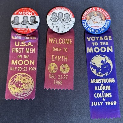 3 Vintage US Space Program 1.75'' Pins & Ribbons Apollo 8/Apollo 11
