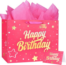 14'' Large Gift Bag Gold Foil Happy Birthday Party Bag with Tissue Paper, Card,