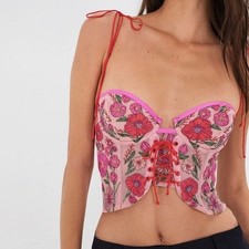 For Love Lemons Pink Floral Embroidered Corset Top Lace Up Bustier Large qq