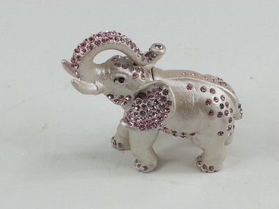 Miniature RUCINNI Elephant Jeweled Trinket Box White Pink Embellishment Trunk Up