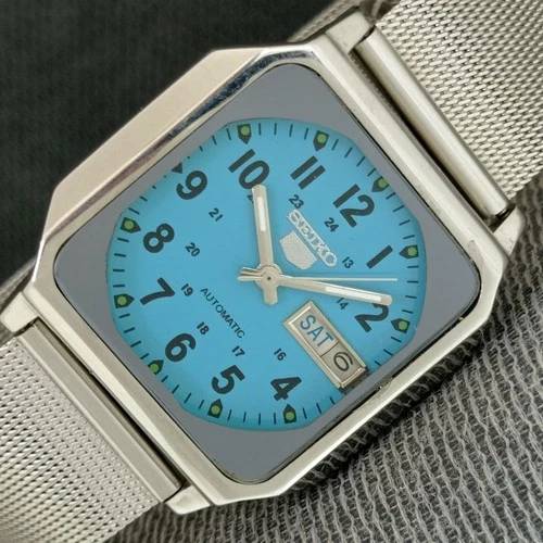 JAPAN VINTAGE SEIKO 5 AUTOMATIC 7009A MENS TURQUOISE BLUE DIAL WATCH a2650-U