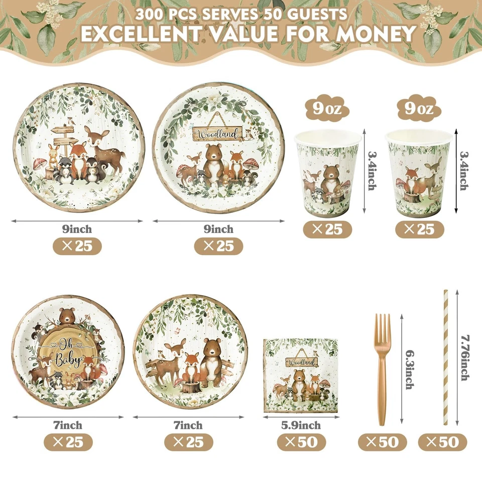 300 шт. принадлежностей для душа ребенка Woodland для 50 гостей — декор для вечеринки с животными в джунглях - Изображение 4 из 4