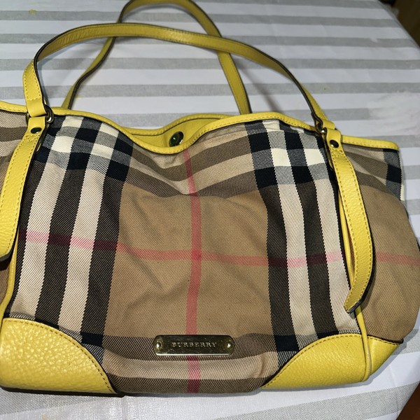 Burberry Canterbury Tote Yellow Leather Trimmed Haymarket Check Bag