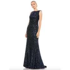 MAC DUGGAL Dress Size 14 Evening Gown Sequin Navy Blue Cowl Back NEW 