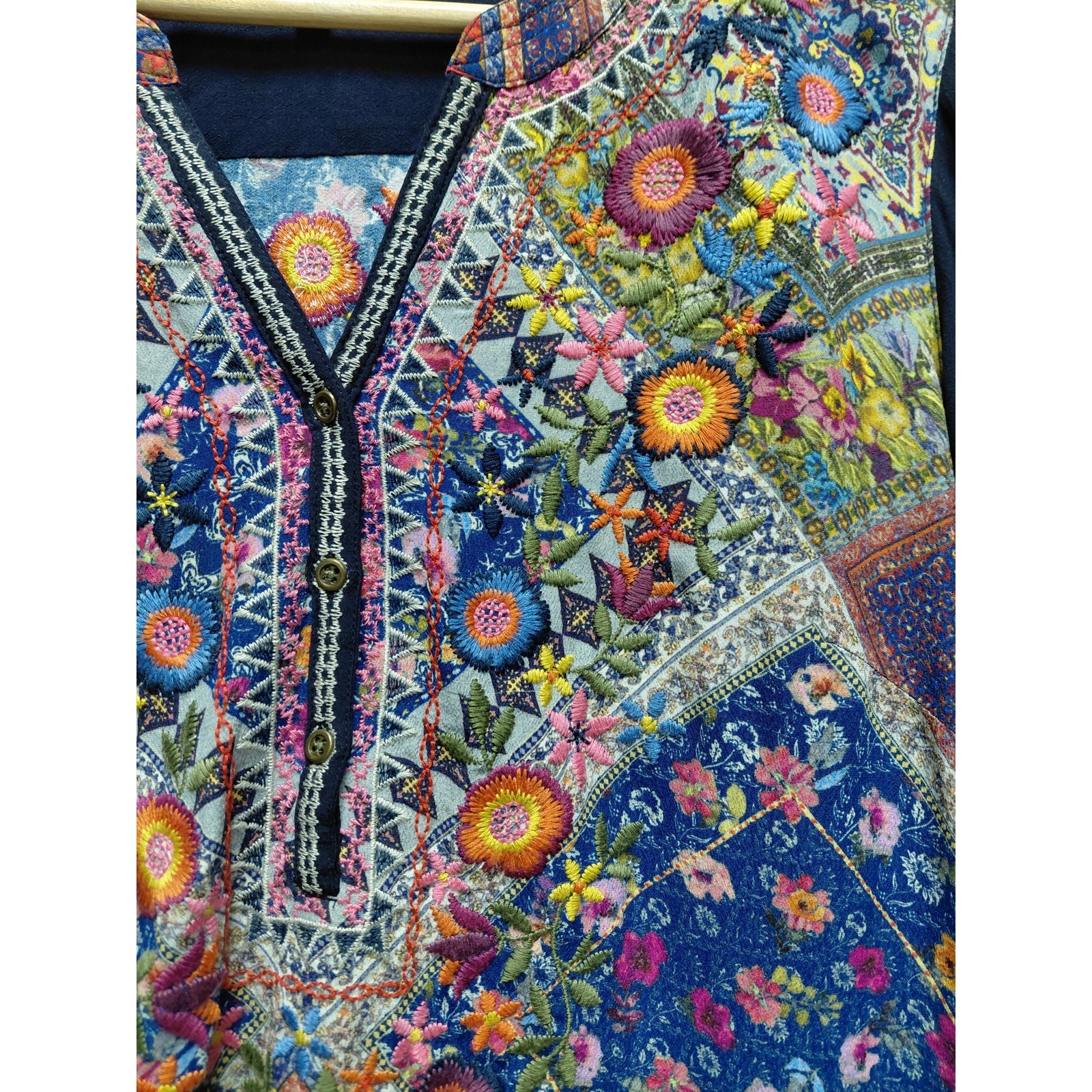 John Mark Multicolor Embroidered Boho Patchwork T… - image 3