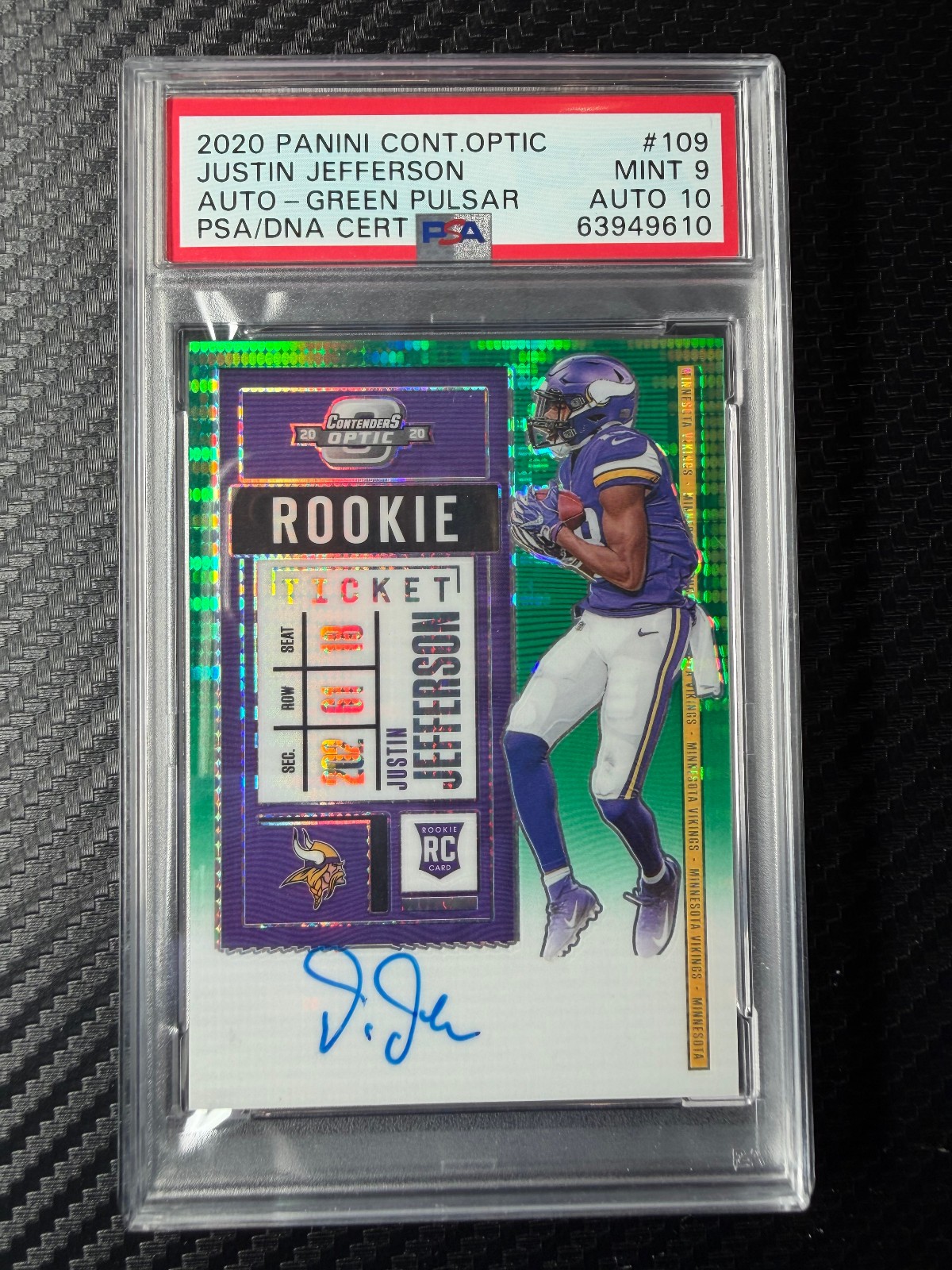 2020 Contenders Optic Rookie Ticket Auto Justin Jefferson Green Pulsar /27 PSA
