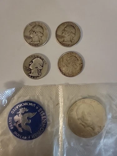 5 - Coin Lot • Washington Quarters And Uncirculated Eisenhower Silver Dollar