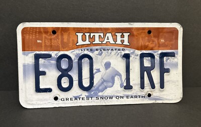 2017 Utah License Plate - Life Elevated E80 1RF - Greatest Snow on Earth - Skier