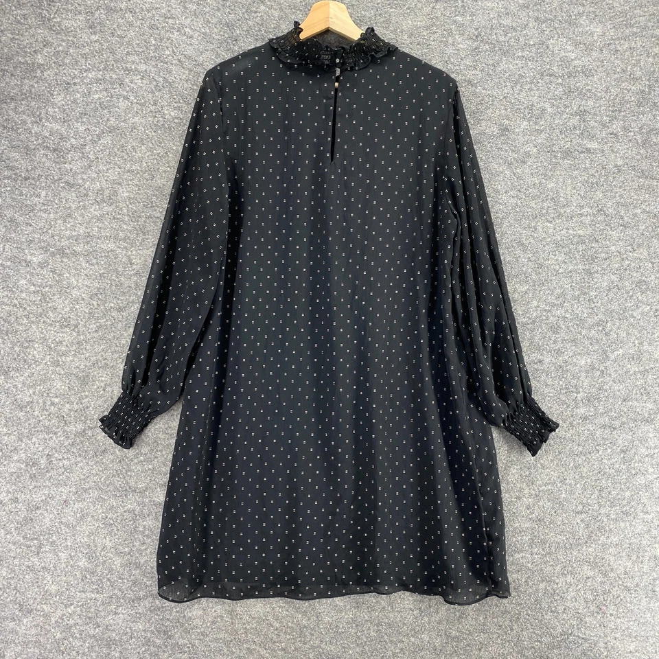 H&M Shirt Dress Women 12 Black Polka Dot Midi Lined Long Sleeve High Neck Casua - Image 2 of 4