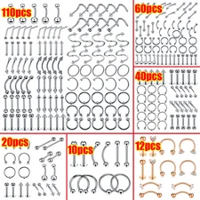 110PCS Mix Piercing 316L Steel Nose Lip Eyebrow Ring Ear Daith Studs Set 14G 16G
