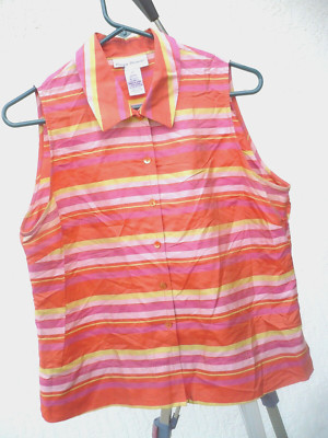 RENA ROWAN DUPIONI SILK SLEEVELESS COLLARED BLOUSE ORANGE PINK STRIPED M 12 LADY