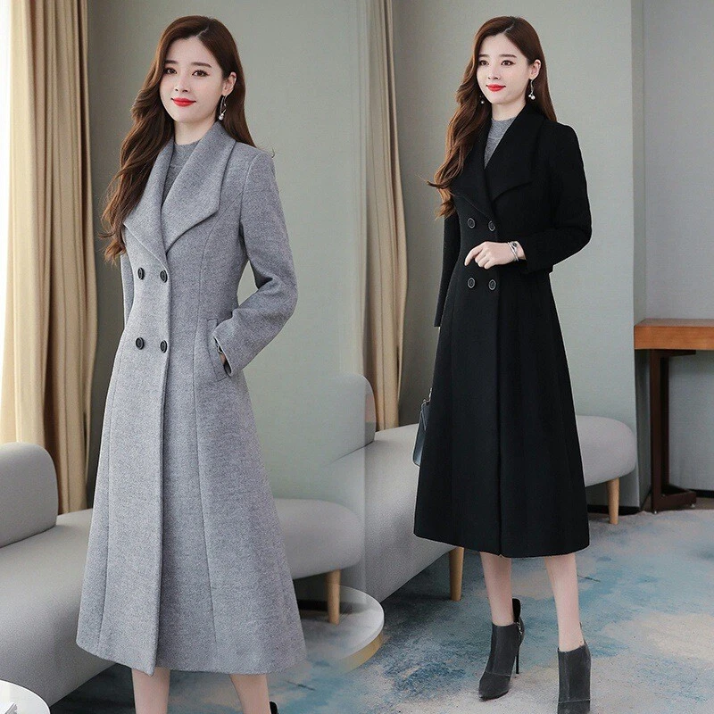 Fall Winter Womens Slim Fit Over Knee Long Wool Blend Jackets Button Coats  Size