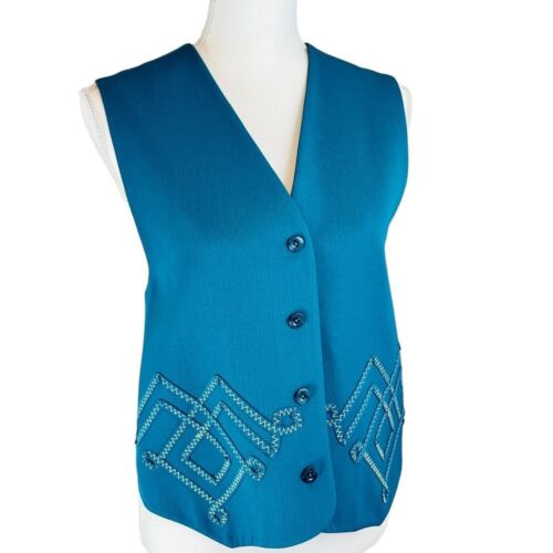 Vintage Wool Vest Button Front Sz 8 IB DIFFUSION Blue Teal Zig Zag Ribbon - Picture 2 of 9