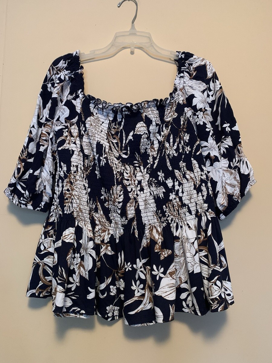 Indigo Rose Cropped Top Womens 2XL Multi Smocked Off Shoulder Peplum Casual  Top