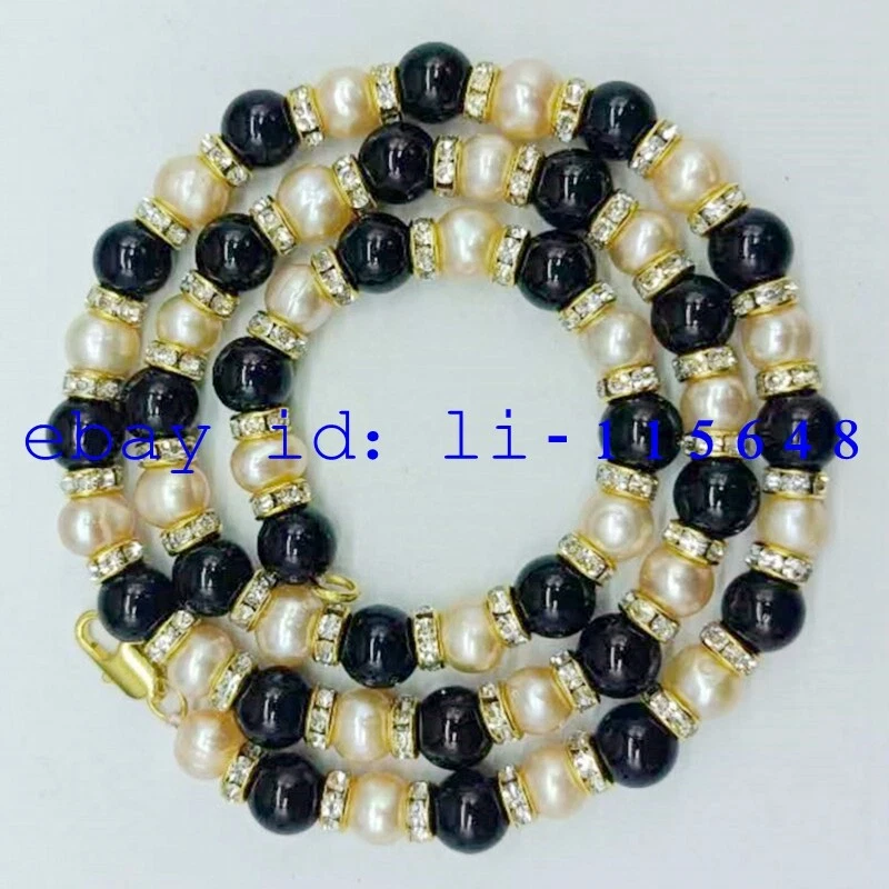 Collar de perlas redondas de ágata negra natural de 7-8 mm rosa de agua dulce y 8 mm de 20 pulgadas Foto 2 de 3