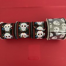 4 HALLOWEEN Wired Edge SUGAR SKULL SKELETON RIBBON 2.5" Deluxe Lot Of 4