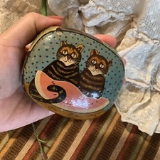 Black blue paper mache novelty cat watermelon vintage trinket jewelry box India