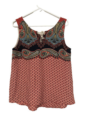 West Kel Size Medium Multi Color Red Paisley Sleeveless Tassel Tie Blouse (D1)