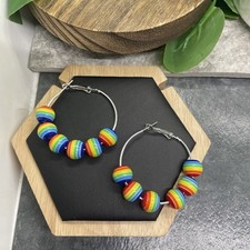 1.5  Silver-tone Earring Set Rainbow Bead Hoop Drop Dangle New Free Ship B6166