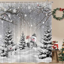 Winter Christmas Shower Curtain, Cute Snowman Xmas Forest Pine Tree Scene Bat...