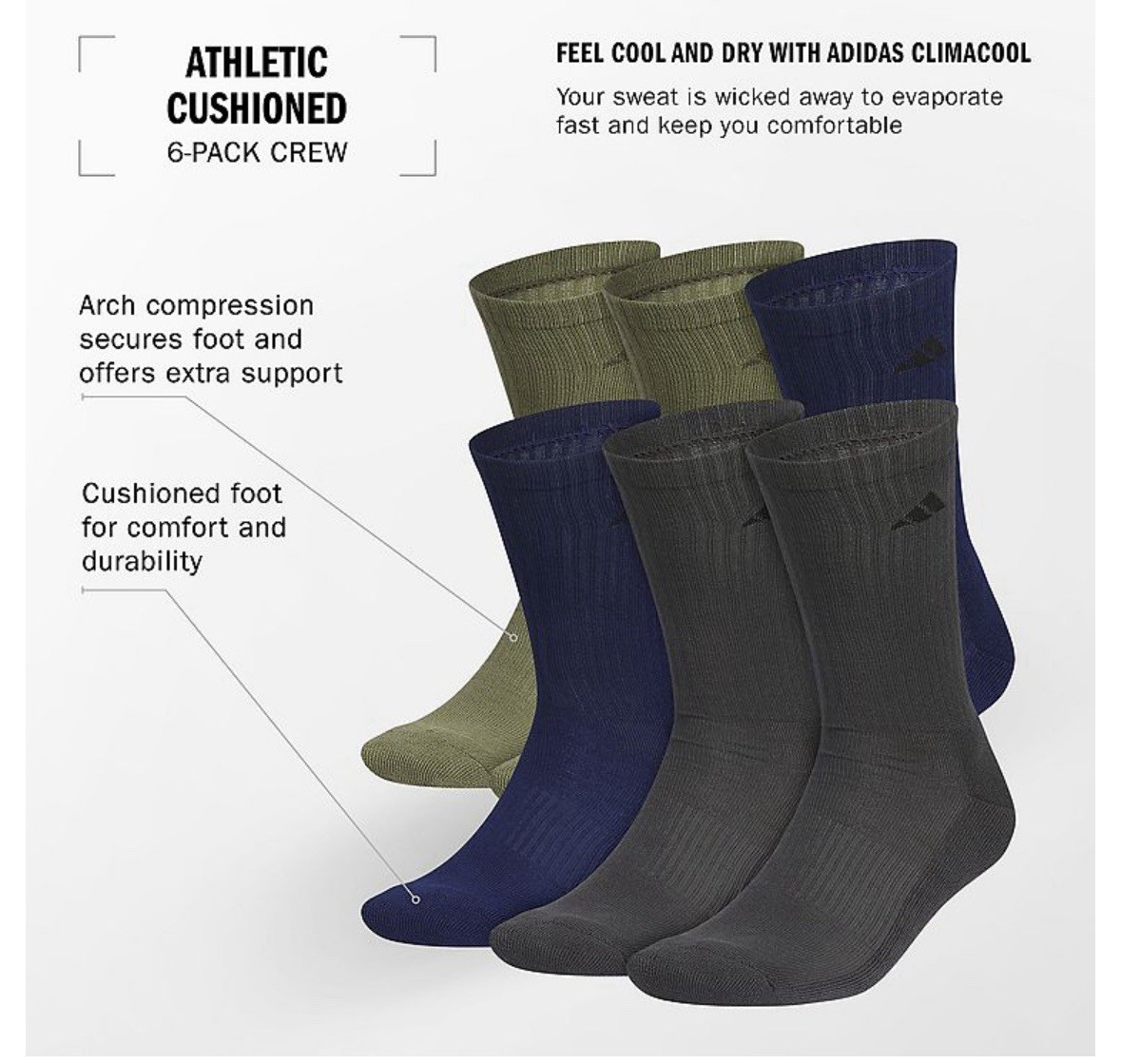 Adidas Men’s Cushioned Crew Socks 6-Pack –  Size Large 8–12 thumbnail 2