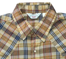 70s 80s Levis Western Plaid Shirt XL White Tab Pearl Snap Casual Country