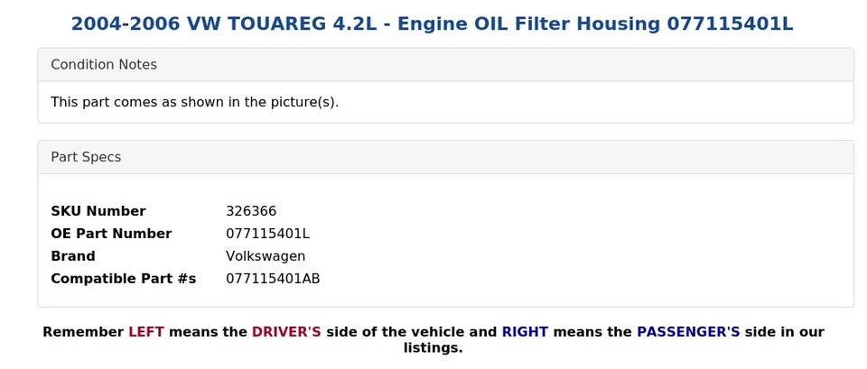 VW TOUAREG 2004-2006 4,2 L - Carcasa de filtro de aceite del motor 077115401 L Foto 4 de 4