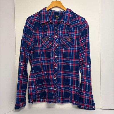 Guess Womens Blue Pink Plaid Studded Western Button Down Shirt Large Q33H07W4QX0