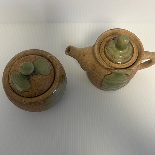 Pottery Sugar & Creamer Server Set Brown Glaze with Green Drip Vintage MCM - Picture 4 of 9