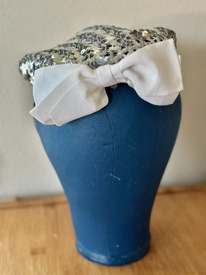 Vintage 1960s Silver Sequin Beret With Big White Bow By Sonni of San Fransisco