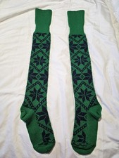 Green Black Knit Knee High Socks Fair Isle Geometric Pattern Tall Thick Socks
