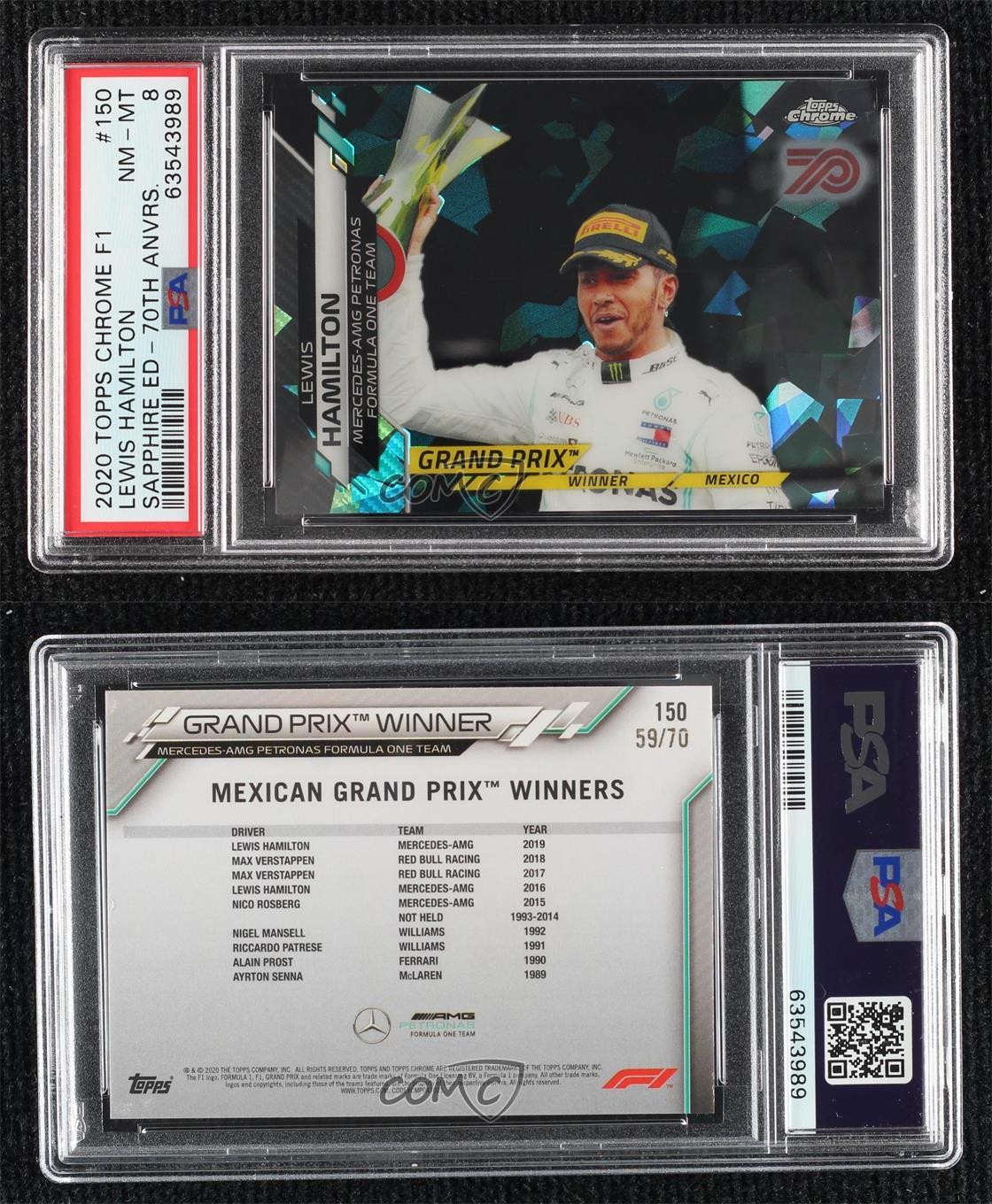 2020 Topps Chrome Sapphire F1 70th Refractor 59/70 Lewis Hamilton #150 PSA 8 view 3