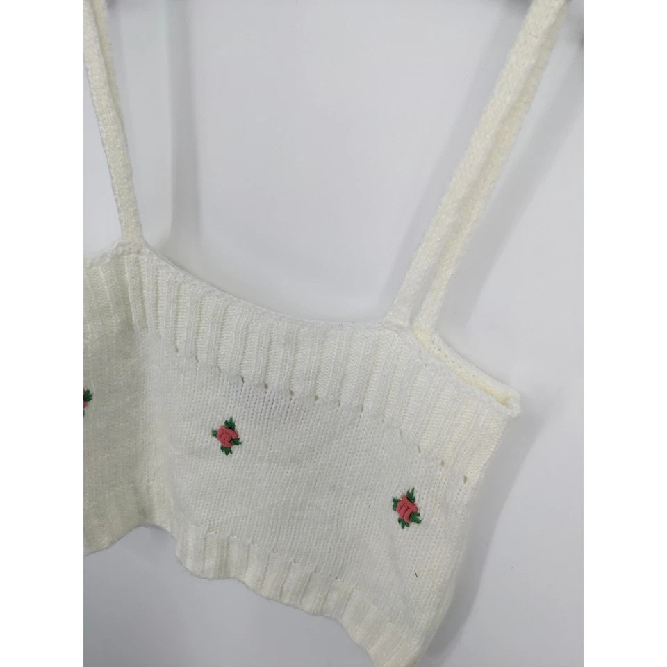 Cottagecore вязаный топ женщин средний белый роза вышитый укороченный изящный женский - Изображение 2 из 4