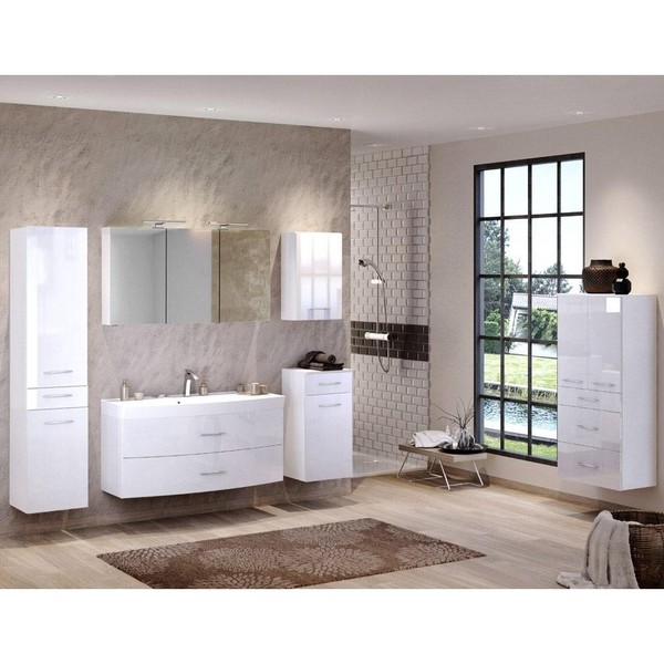 BadmöBel Badezimmer Set Waschtisch Led Spiegelschrank Hochglanz Weiß Hochschrank-image