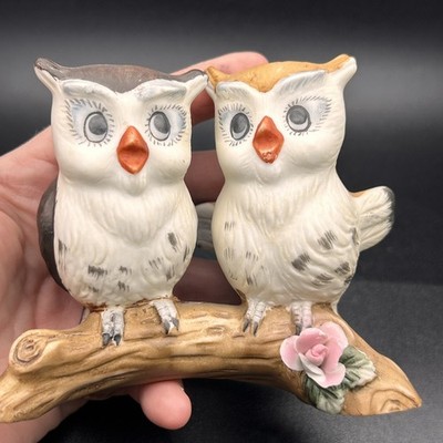 Vintage anthropomorphe Eule Figur Paar Ast Keramik Kitsch Wald MCM FAB