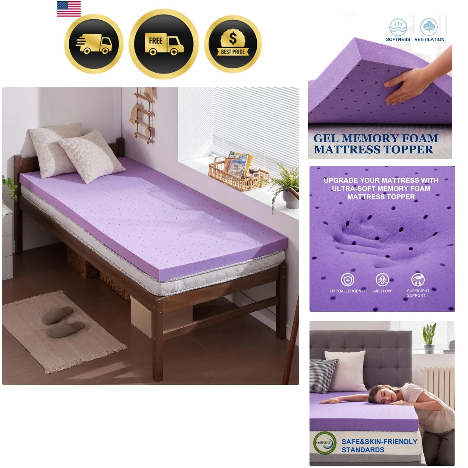 2 Inch Gel Memory Foam Mattress Topper Ventilated Soft Pressure Relieve Mattr...