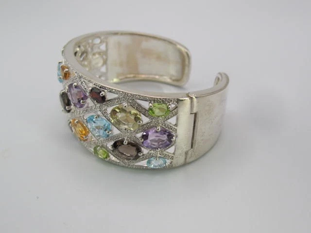 Sterling Silver QVC Michelle Albala 23 Multi Gemstone Wide Cuff Bracelet 6.5-7” - Image 2 of 4