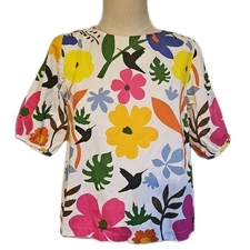 Women MEDIUM Cotton Bright Floral Short Sleeeve Blouse. Fun Playful