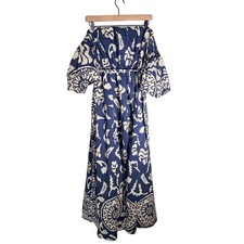 SEZANE arabesque white and blue off shoulder puff sleeve Grecian maxi dress S