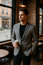 New H M Slim Fit Micro Check Blazer Gray Cotton Stretch Jacket Men 38R