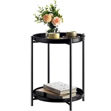 Cerbior 2 Tier End Small Table, Metal Sofa Side Snack Table with Detachable Tray