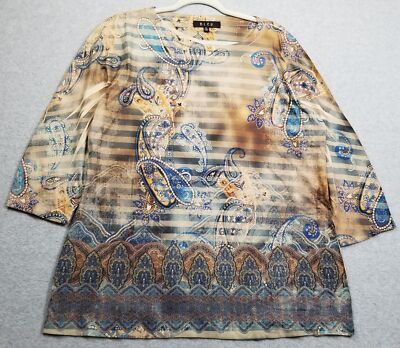 B.L.E.U. Top Women Extra Large XL Striped Paisley ¾ Sleeve Stretch Knit Crewneck