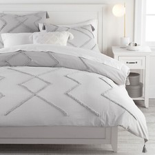 3 Pcs Grey Tufted Duvet Cover Set - Zigzag Cotton Boho Comforter Bedding Set