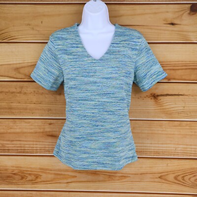 White Stag Short Sleeve Shirt Womens M Blue Geometric Metallic Sparkles Stretch