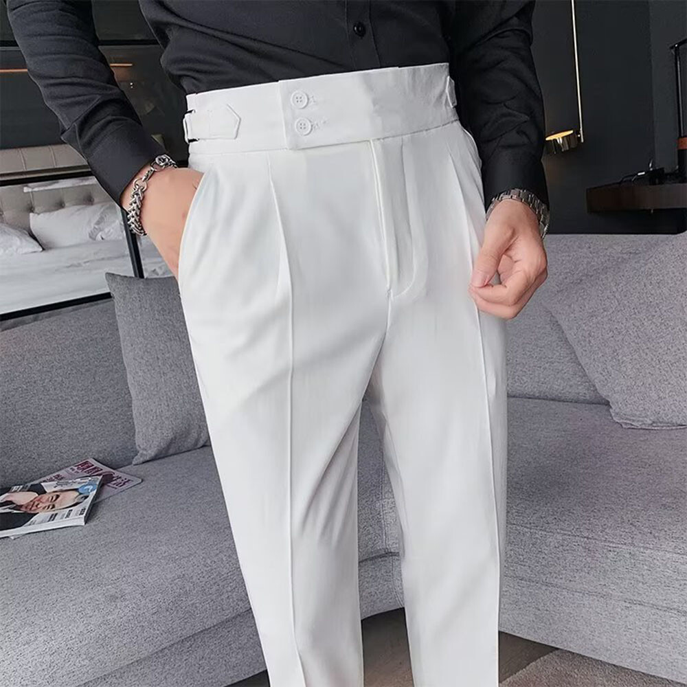 Men Retro High Waist Suit Pants Straight Trousers Buckle Pants Slim
