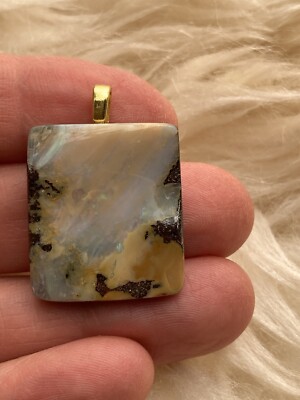 22.13 CT Natural Australian Boulder Opal Rectangular Milky w/Green Spark Pendant